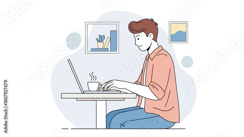 Man Working on Laptop with Coffee, Modern Flat Illustration