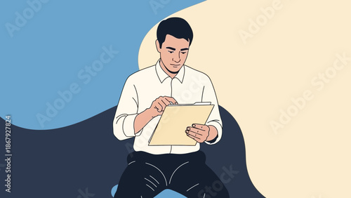 Man writing on clipboard, modern flat illustration, business concept, office work