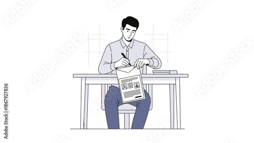 Man writing on document at desk, illustration, concept of work and study