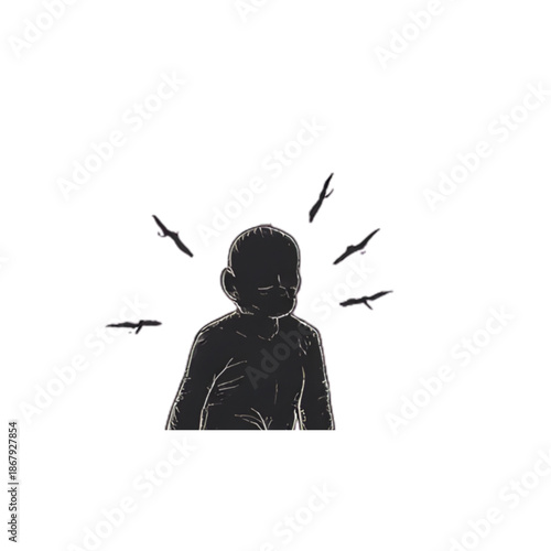 Black and white silhouette sketch of a boy having a headache