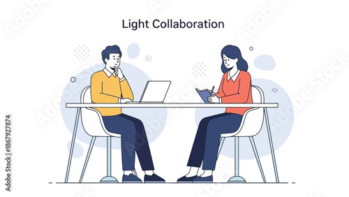 Modern Flat Illustration of Business Team Collaborating at Desk with Laptop