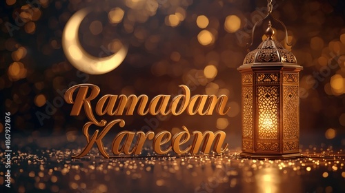 Ramadan Kareem 3D Golden Lantern Scene with Crescent Moon and Warm Light
