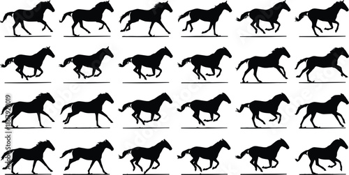 Running horse silhouettes sequence set, galloping equine motion frames isolated on white background for animation, wildlife, sport design illustration vector