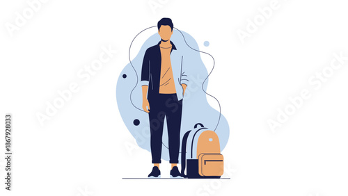 Modern Man With Backpack Standing Isolated On White Background, Flat Design