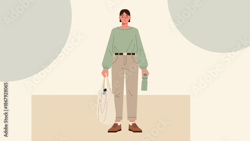 Modern Woman with Tote Bag and Water Bottle, Eco-Friendly Lifestyle Illustration