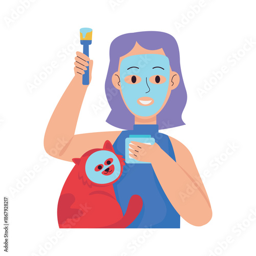 Woman with Blue Facial Mask Holding Toothbrush and Cute Cat.