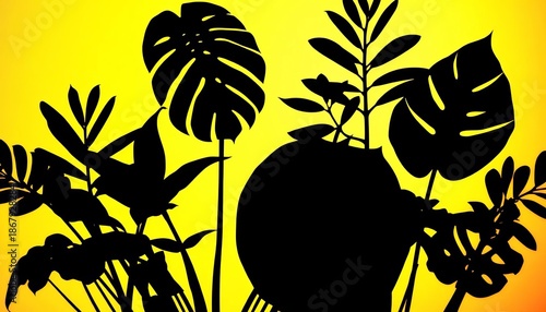 Dark, stylized silhouettes of various tropical leaves against a bright background,   tropical illustration,  silhouettes