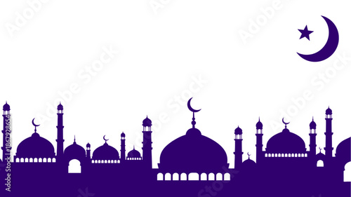 Islamic mosque silhouette with crescent moon and star.