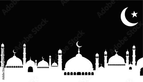 Islamic Mosque Silhouette Against Night Sky with Crescent Moon and Star.