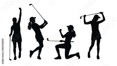 Women celebrating golf success in dynamic poses with clubs