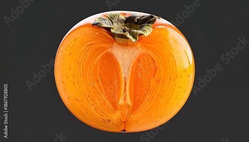 Half of a ripe, orange persimmon fruit, cut to reveal its interior