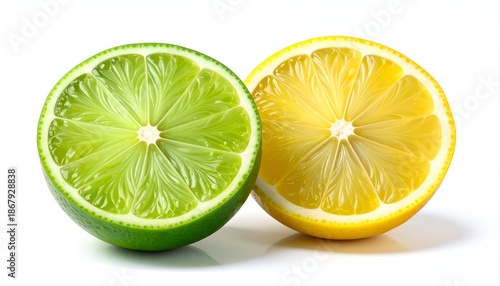 Two citrus fruit halves a green lime and a yellow lemon, close up, on white