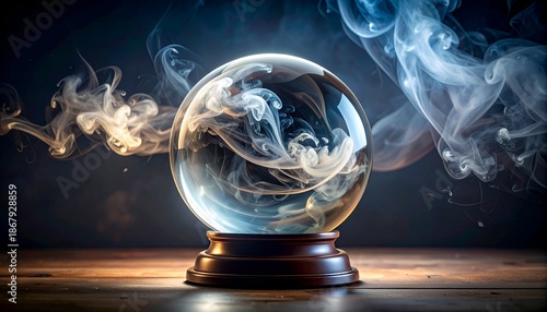 Crystal ball with swirling smoke on wooden table