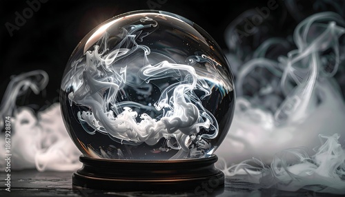 Crystal sphere, swirling smoke within, set on a dark wood base