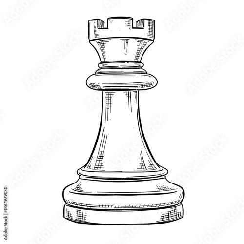 Vintage chess rook vector line art hand drawn illustration