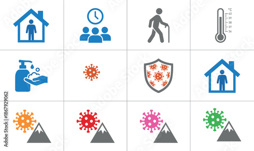 Public Health Icon Set with Quarantine Stay Home Social Distancing Hand Sanitizer Thermometer Elderly Care and Virus Protection Symbols