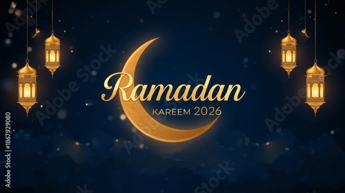 Ramadan Kareem 2026 Luxury Islamic Background with Golden Crescent and Lanterns