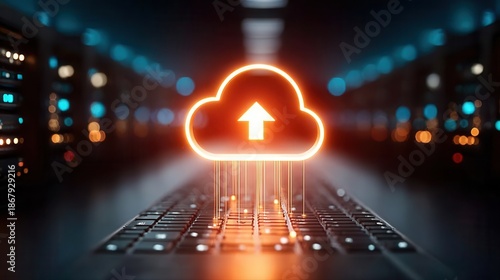Cloud computing concept with glowing upload icon on keyboard