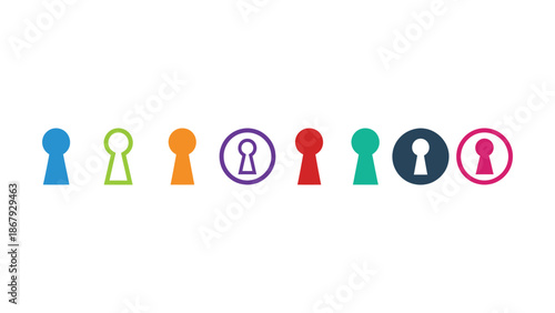 Colorful keyhole icons in a row on white background