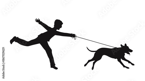 Silhouette of man struggling to control energetic dog on leash