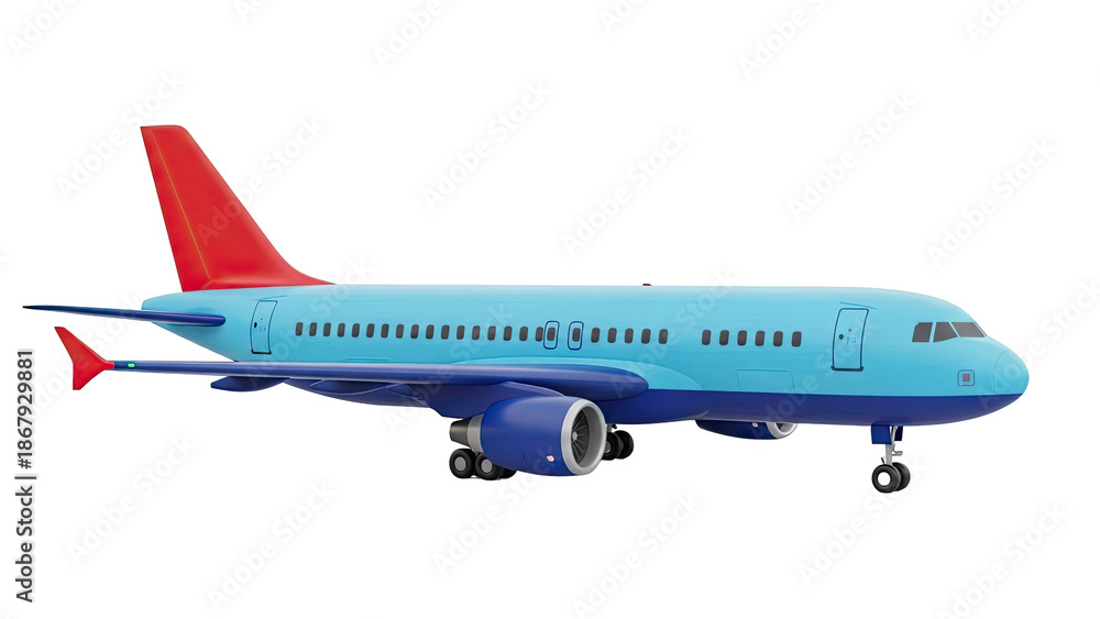Obraz premium 3D render of a light blue passenger jet with red tail