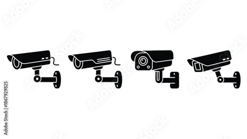 Four black security cameras on white background