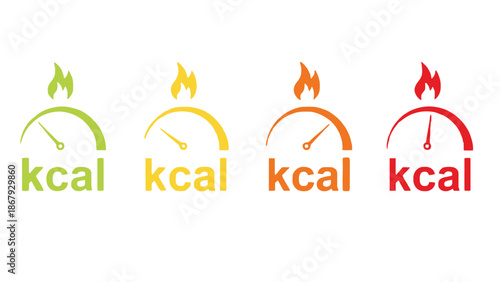Colorful kcal calorie meter icons in green, yellow, orange, and red