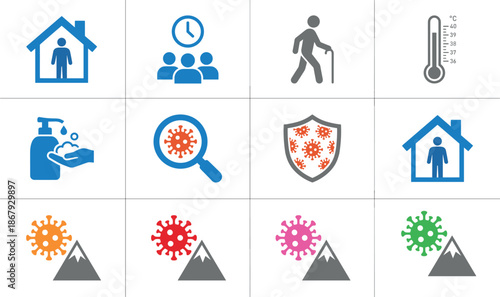 Public Health Pandemic Icon Set with Quarantine Stay Home Social Distancing Hand Sanitizer Thermometer Elderly Care and Virus Analysis