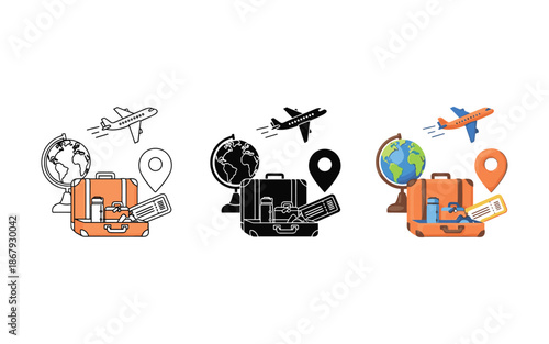 Three Travel Suitcases with Globes and Airplanes luggage