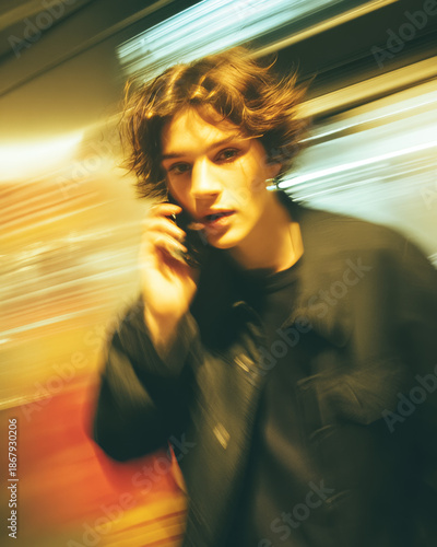 Subway Entrance Man Video Call Walking Night Photo