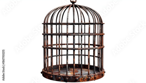 A rusted, empty bird cage isolated on a clean white background
