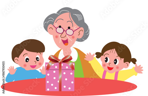 プレゼントを喜ぶ祖母と子供たち
