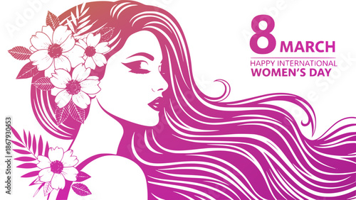International Women's Day design. International Women's Day celebration poster or banner design with a woman and butterfly and text. Featuring beauty of a woman with freedom and serenity. SVG version.
