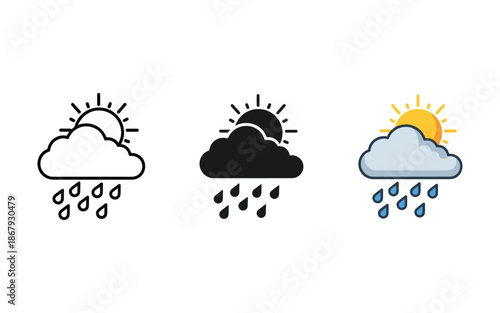 Three weather showing sun and rain cloud raindrops