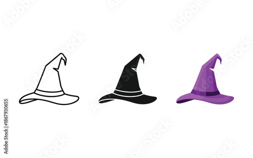 Three Witch Hats in Outline Black and Purple Styles