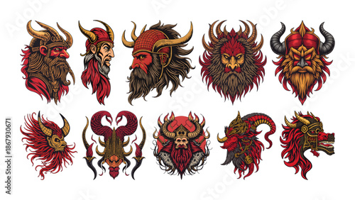 vector illustration of a set of fierce heads