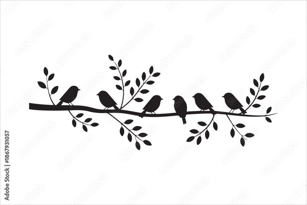 Obraz premium Tree branch birds silhouette vector, Silhouette birds perched on a tree branch vector illustration