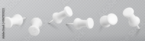 Set of push pins. Thumbtacks ready for your design. Different angle view. Vector illustration isolated on white background