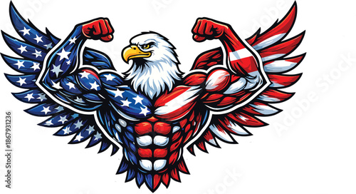 Powerful Bald Eagle with American Flag Wings Flexing Muscles Vector Illustration