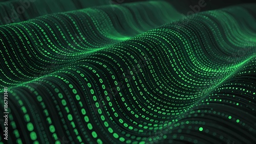 Cyber security network system featuring futuristic wavy binary matrix stream