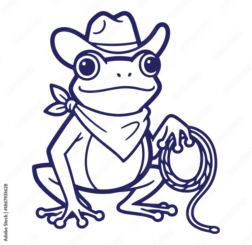 Obraz premium Adorable cartoon frog wearing cowboy hat and bandana holding a lasso ready to lasso