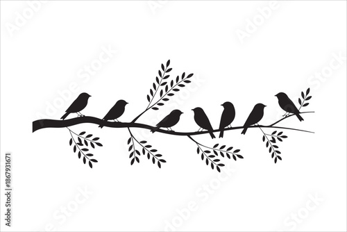 Tree branch birds silhouette vector, Silhouette birds perched on a tree branch vector illustration