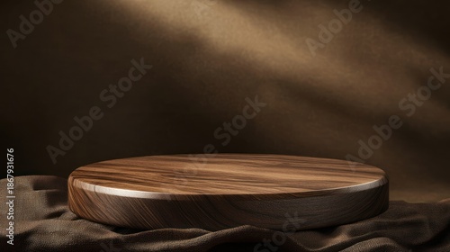 Wooden podium on a dark brown fabric background, illuminated by soft light