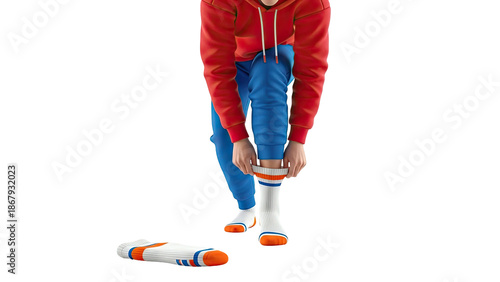 Person putting on striped socks