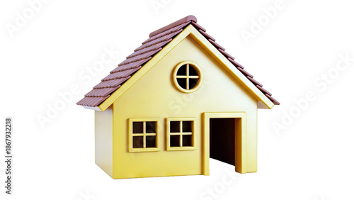 Stylized Yellow House with Brown Roof and Square Windows