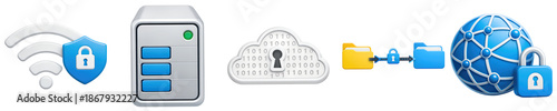 3D Minimalist Icon Set of Cloud and Network Security, featuring cloud locks, wifi, and servers on transparent background.