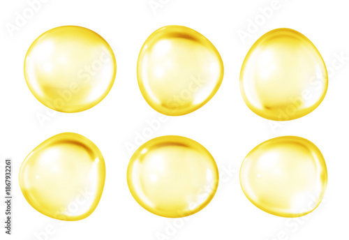 Golden collagen molecules or serum drop realistic vector illustration. Complex molecule of element 3d object on white background