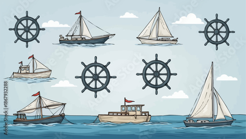 Collection of vintage sailing ships and ship wheels on water.