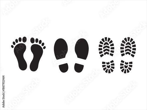 Footprint and Shoe Print Icons Set Black White. Human Footprint and Shoe Print Vector Set. silhouette illustration vector