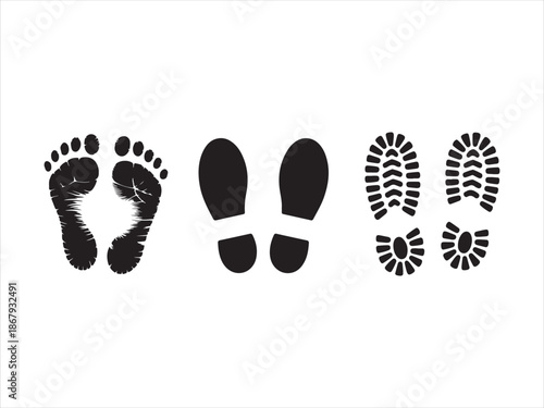 Footprint and Shoe Print Icons Set Black White. Human Footprint and Shoe Print Vector Set. silhouette illustration vector